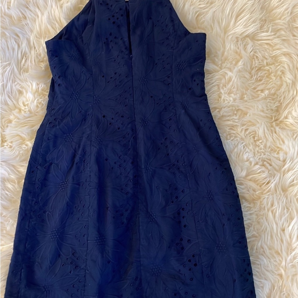 LILLY PULITZER Pearl Navy Shift Dress True Navy Gold Lace Halter Size 4 - Picture 4 of 5